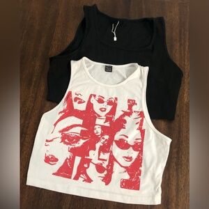 2 bundle Crop women’s Tank top sleeveless Y2K Portrait graphic black beige. L